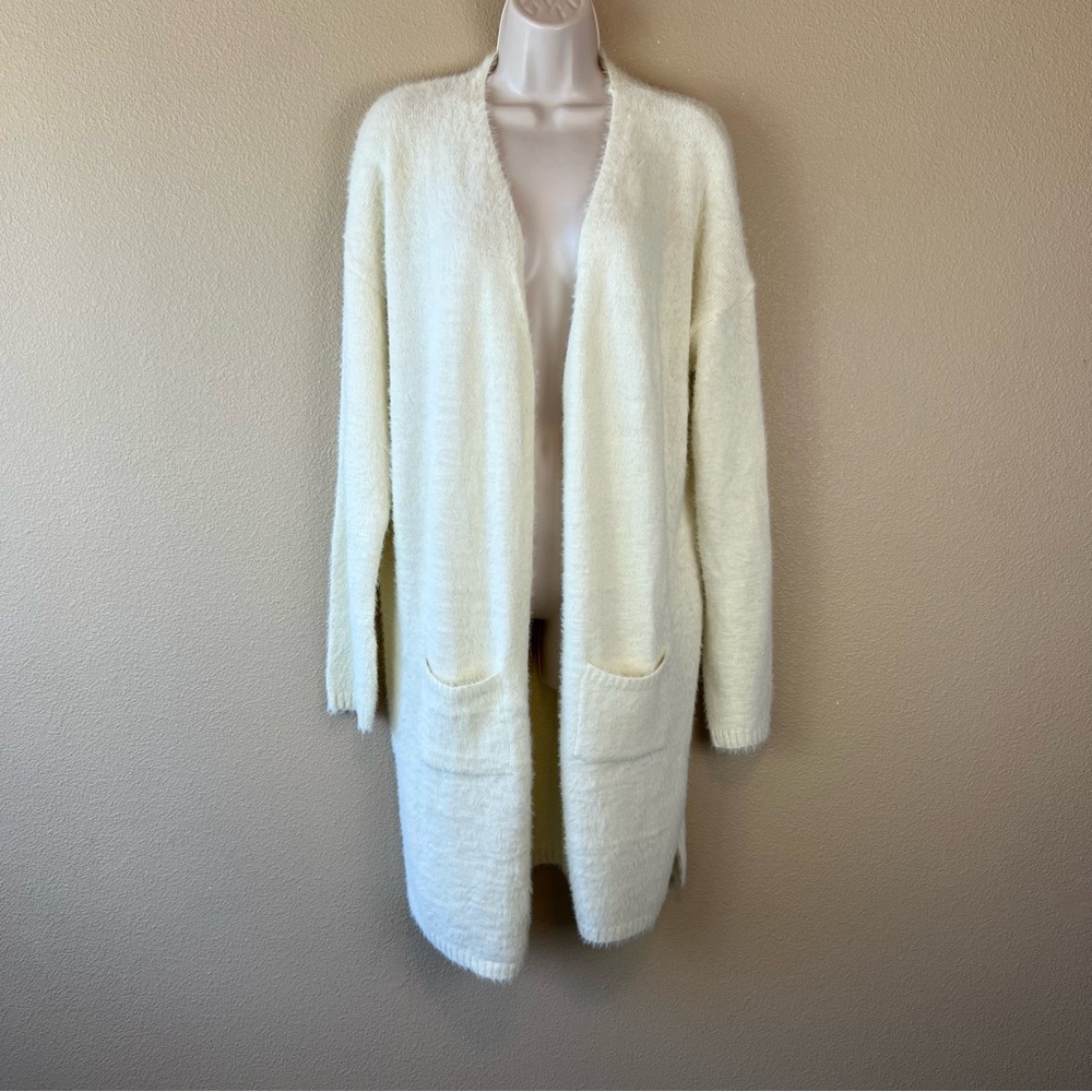 angie fuzzy longline cardigan sweater